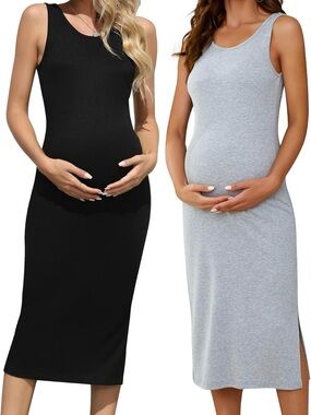 Brynmama large maternity Sleeveless midi ribbed Tank Dress Black and Gray